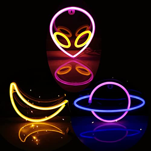 VIOPVERY 3 Pcs Neon Signs,LED Neon Light Signs for Wall Decoration,LED Alien Moon Planet Neon Lights for Bedroom,Party,Birthday,Christmas,Wedding,Bar - Alien Moon Planet