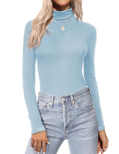 Ekouaer Women's Turtleneck Long Sleeve Shirts Lightweight Base Layer Solid Slim Fit Tops(S-XXL) - Small - Light Blue