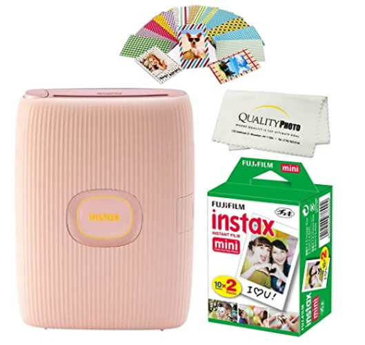 Fujifilm Instax Mini Link 2 Smartphone Printer Plus Instax Mini Films 20 Pack. Plus Stickers. Bonus All-Purpose Microfiber Cloth -Soft Pink… - Soft Pink