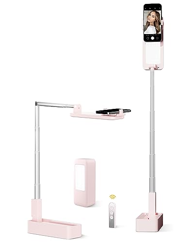 SupeDesk Phone Stand For Recording,With LED Light,Selfie Stand,Portable Extendable Phone Stand,For 3.5-6.7" Phone,360° Rotate,Adjustable,Overhead Phone Mount,Wireless Remote,Rechargeable,Live Stream P - Pink