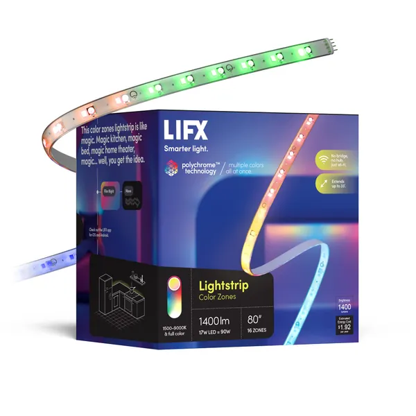 LIFX Lightstrip, 6.6' Starter Kit, Wi-Fi Smart LED Light Strip, Full Color with Polychrome Technology™, No Bridge Required, Works with Alexa, Hey Google, HomeKit and Siri - Color Zone 80-Inch