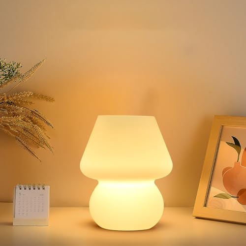 EJFOIEJ Glass Mushroom Bedside Table Lamp,White Nightstand Lamp,3 Color Stepless Dimming Night Light,for Kids, Living Room - 3 Color Milky White