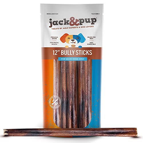 Jack&Pup 12 Inch Bully Sticks for Large Dogs | Thick Odor Free Bully Sticks for All Dogs | All Natural Long Lasting Dog Chews (Thick - 12 Inch, 10 Pack)