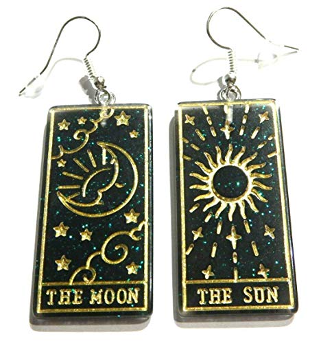 HYPOALLERGENIC TAROT CARD EARRINGS The Sun and The Moon black glitter gold gothic drop pendants, Black, Gold, Green Glitter, and Silver Hardware