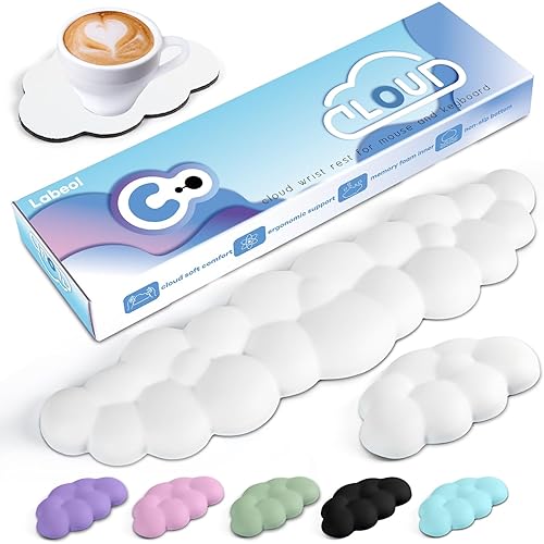 Cloud Wrist Rest for Computer Keyboard Arm Wrist Rest with Non-Slip Base Extended Wrist Rest Ergonomic Memory Foam for Keyboard and Mouse Typing Pain Relief, Office, Gaming, Computer - White Set