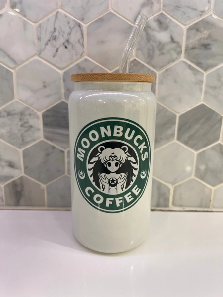 Sublimated Holographic Glitter Moonbucks Coffee Sailor Moon Inspired Glass Can Coffee Glass with Bamboo Lid and Straw