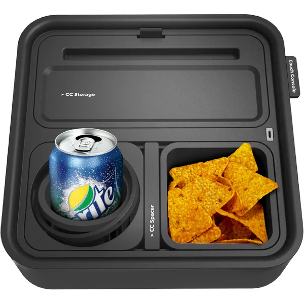 CouchConsole Original Cup Holder Tray - Drinks & Snacks Sofa Caddy with Armrest, Table with Phone Stand- TV Remote Control Storage and Organizer - for Living Rooms, RV, and Cars, Black/Black