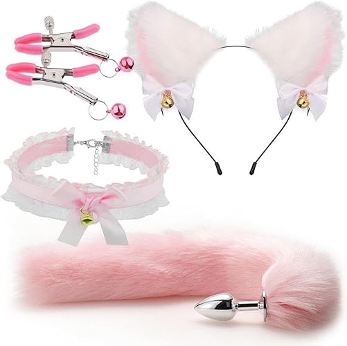 Butt Plug Tail Plug, Cute Fox Tail Plug Tail with Small Butt Plug Nipple Clamp Cat Ears Headband Metal Anal Sex Toys for Women Man Beginners Butt Trainer Set Adult Couples