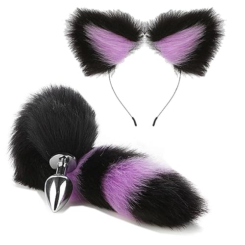 Purple Plug Cosplay Set Plug Tail Ear Headband Fox Tail Bunny Butt Plug Set Plug Fox Cat Ears with Stainless Steel Headband 2 PCS - PURPLE-2