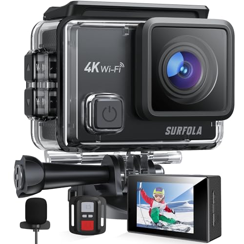 Surfola Action Cam 4K 30FPS 20MP 40M Unterwasserkamera WiFi PC Kamera Helmkamera mit Externes Mikrofon Fernbedienung 2x1050mAh Akkus und Zubehör Kit (SF230)