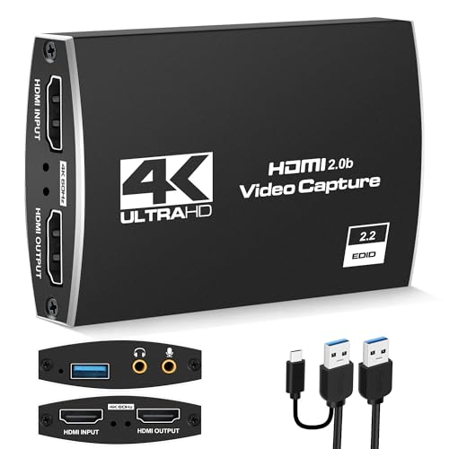 Game Capture Card,4K USB 3.0 HDMI Video Capture Card mit Mikrofon und HDMI Loop-Out, Capture Card 1080P 60FPS für Streaming, Kompatibel mit PS5/PS4//Telefon - Schwarz