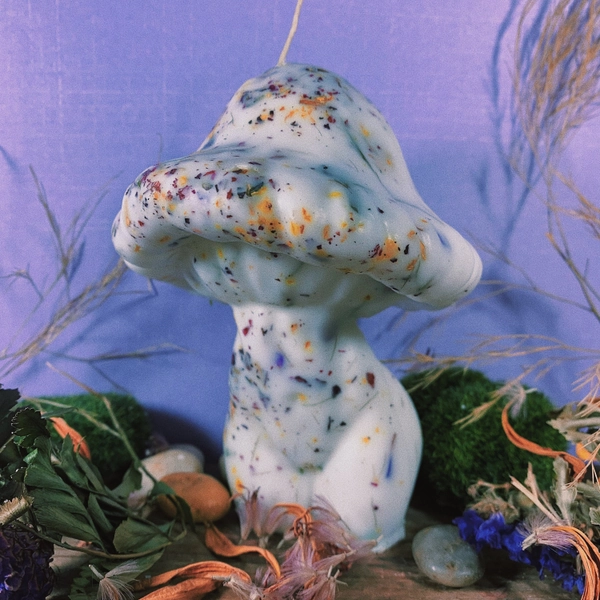 Mushroom Customized Goddess Candle for home decor, presents/gifts any holiday (Custom) Cottage Core and Fairy / Whimsical Vibes