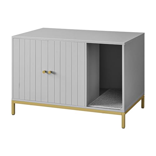 Feandrea Litter Box Enclosure, Modern Cat Litter Box Furniture Hidden, with Scratching Mat, Tall Legs, Cat House, Side End Table, 31.5 x 19.7 x 21.7 Inches, Dove Gray and Gold UPCL007H01 - Dove Gray + Gold