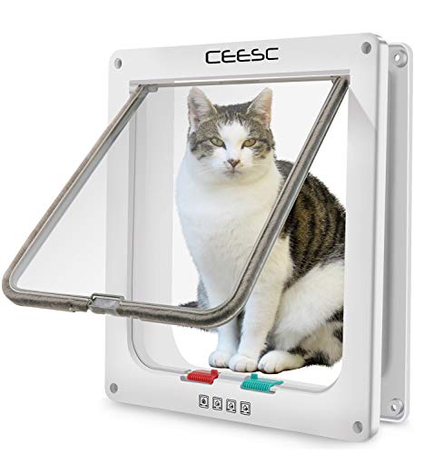 CEESC Extra Large Cat Door (Outer Size 11" x 9.8"), 4 Way Locking Large Cat Door for Interior Exterior Doors, Weatherproof Pet Door for Cats & Doggie with Circumference < 24.8" (White)