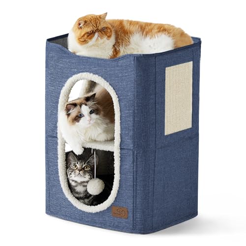 Bedsure 2-Level Cat House for Indoor Cats - Small Cat Towers with Scratch Pad and Hideaway Condo, Cat Cave Bed Furniture for Multi Pets and Large Cats, 18x14x23 inches, Blue - Double - Blue