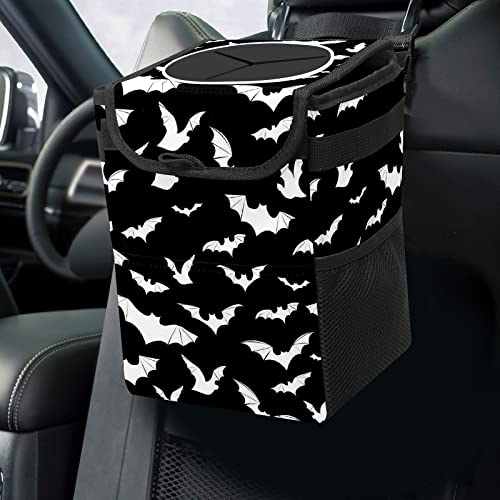 Black and White Goth Bats Car Trash Can with Lid Collapsible Reusable Waterproof Car Garage Bag,Automotive Garbage Can,Car Accessories Interior Car Organizer - White