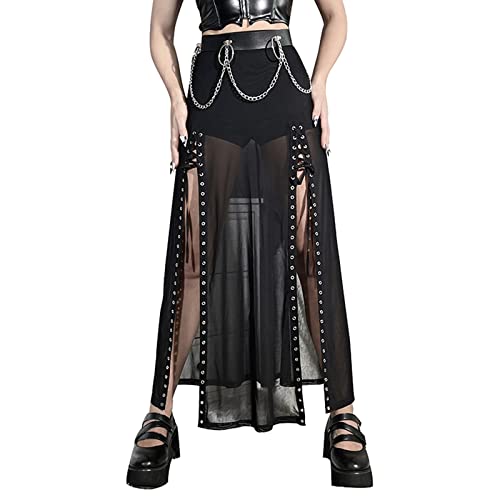 FeMereina Goth Sexy Black Split Long Maxi Skirts for Women Punk Mesh Irregular Darkness Gothic Mini Pleated Skirts Chain Belt Black Uniform Skirt - M - Black