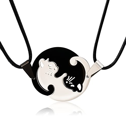 MISS RIGHT Matching Cat Yin Yang Necklace for Couples Women Men Girls, Stainless Steel Puzzle Pet Dog BFF Necklaces for 2, Funny Cat Dog Lovers Gifts - 1. Round Cat | Black&White