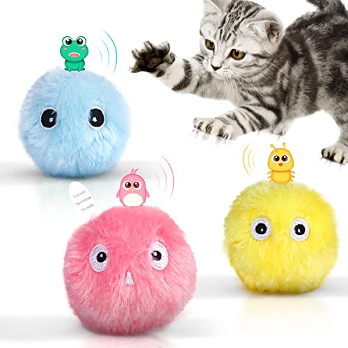 Potaroma Chirping Cat Toys Balls with SilverVine Catnip, Upgraded, 3 Pack Fluffy Interactive Cat Kicker, 3 Lifelike Animal Sounds, Kitty Kitten Catnip Exercise Toys - Cartoon