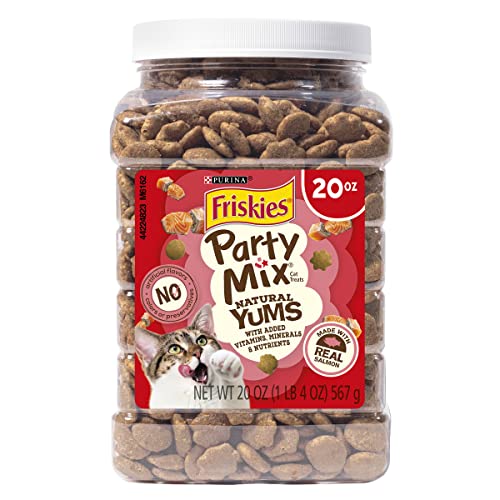 Purina Friskies Natural Cat Treats Party Mix Natural Yums With Real Salmon and Added Vitamins, Minerals and Nutrients - 20 oz. Canister - Salmon - 1.25 Pound (Pack of 1)