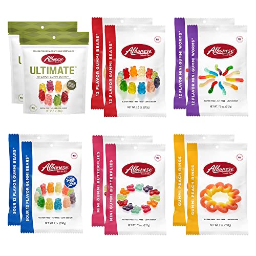 Albanese World's Best Ultimate Gummi Variety Pack of candy, 12 Flavor and Sour Bears, Mini Worms and Peach Rings, .5 & 7oz bags of Candy (Pack of 12) - Ultimate Variety Pack - 7.5 Ounce (Pack of 12)