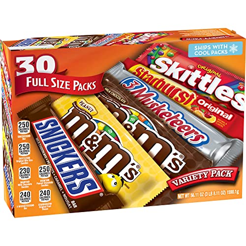 M&M'S, SNICKERS, 3 MUSKETEERS, SKITTLES & STARBURST Variety Pack Full Size Bulk Candy Assortment, 56.11 oz, 30 Bars - 30 Count (Pack of 1)