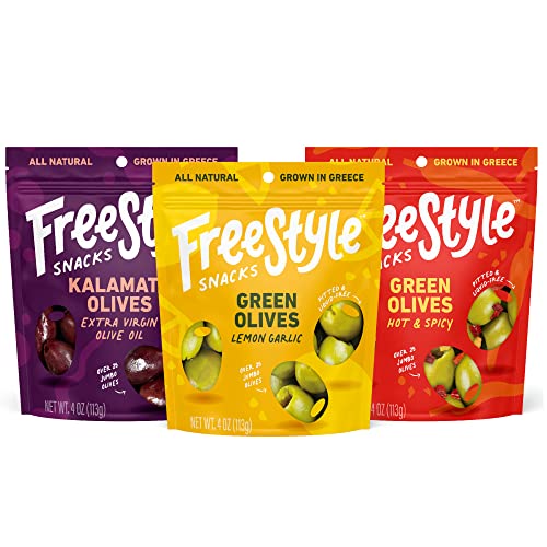 Freestyle Snacks Olive Snack Packs - Fresh Pitted Kalamata & Green Olives, Jumbo-Sized, Grown in Greece, Salty Snack, All Natural, Non-GMO, Paleo, Sugar-Free, Keto Snacks - Variety Pack, 4oz (3 Pack) - 4 Ounce (Pack of 3)