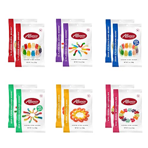 Albanese World's Best Gummi Variety Pack of candy, 12 Flavor and Sour Bears, Mini Worms and Butterflies, 7.5 & 7oz bags of Candy, (Pack of 12) - Variety Pack - 7.5 Ounce (Pack of 12)
