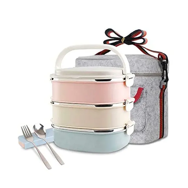 Unichart Stainless Steel Square Lunch Box with Container Bag, Spoon and Fork, Perfect for Salads Sandwiches, Snacks(3-Tier)