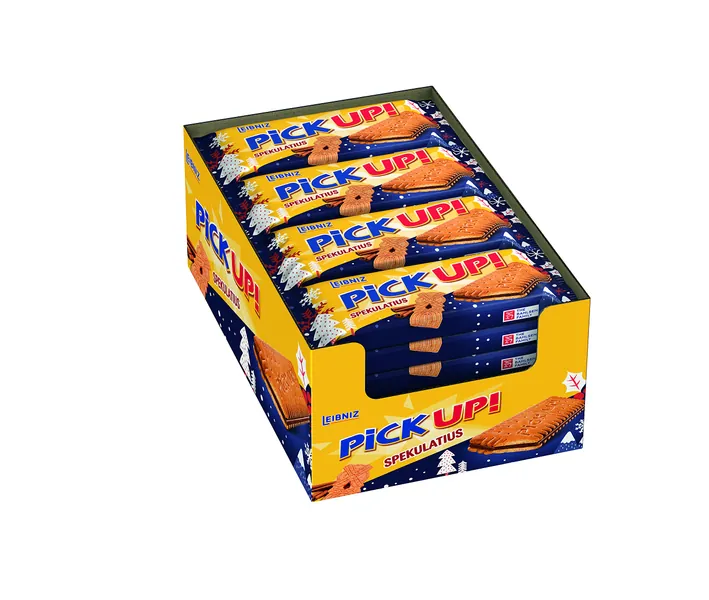 PiCK UP Spekulatius, Keksriegel, 24 Einzelpackungen im Thekenaufsteller, 2 Butterkekse mit Spekulatiusgewürz und knackiger Vollmilchschokolade (24 x 28 g)