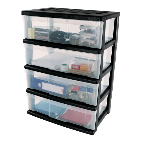 Iris Ohyama, Breite Aufbewahrungstruhe, 4 Schubladen à 34 L, mit Rollen, stabil, Garage - Wide Chest WC-N604 - Schwarz