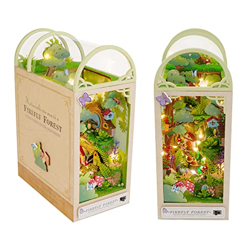 GuDoQi DIY Book Nook Kit, DIY Dollhouse Wood Bookend, Booknook Bookshelf Insert, DIY Miniature Dollhouse Kit, Bookends Model Build for Adult, Gift for Birthday Halloween, Firefly Forest - Firefly Forest