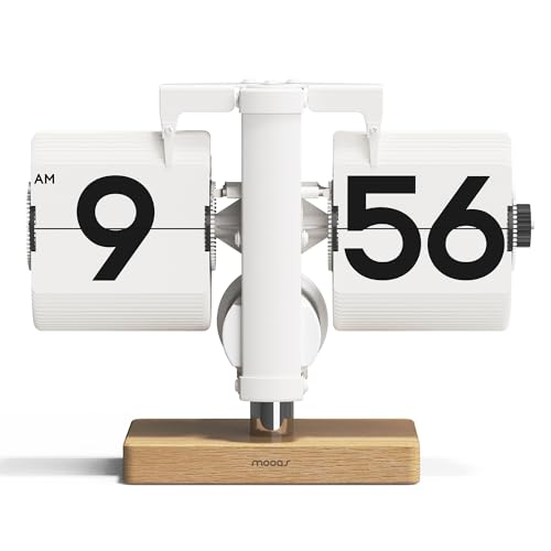 mooas Classic Modern Wood Mini Flip Desk Clock (White), Retro Vintage Analog Design Auto Flip Clock Table Clock Large Number Battery Powered, Ideal for Home Office School Hotel Café - Mini Wood White