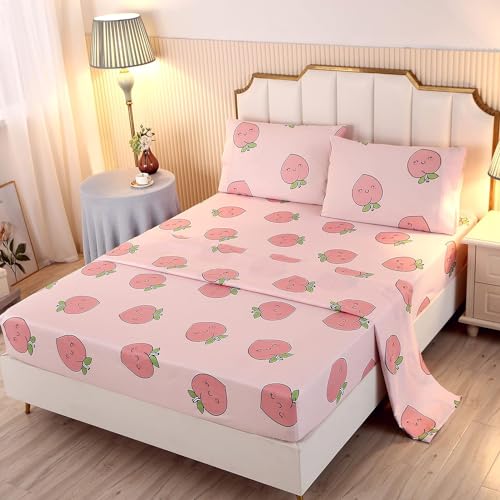 SDY 4PCS Peaches Bedding Sheets, Kawaii Pink Peach Print Sheet Set with 1 Cute Deep Pocket Fitted Sheet & 1 Top Flat Sheet & 2 Pillowcases for Kids Girls Boys (Peach,Queen) - Peach - Queen