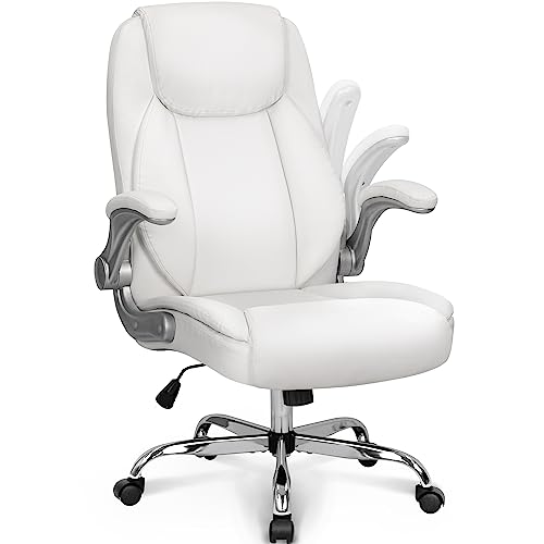 NEO CHAIR Ergonomic Office Chair PU Leather Executive Chair Padded Flip Up Armrest Computer Chair Adjustable Height High Back Lumbar Support Wheels Swivel for Gaming Desk Chair (White) - White