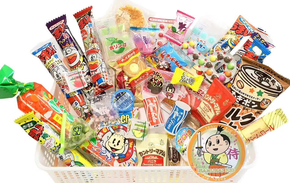 Samurai Dagashi Set, Japanese Snack Assortment 36pc with Samurai Kid Sticker - 