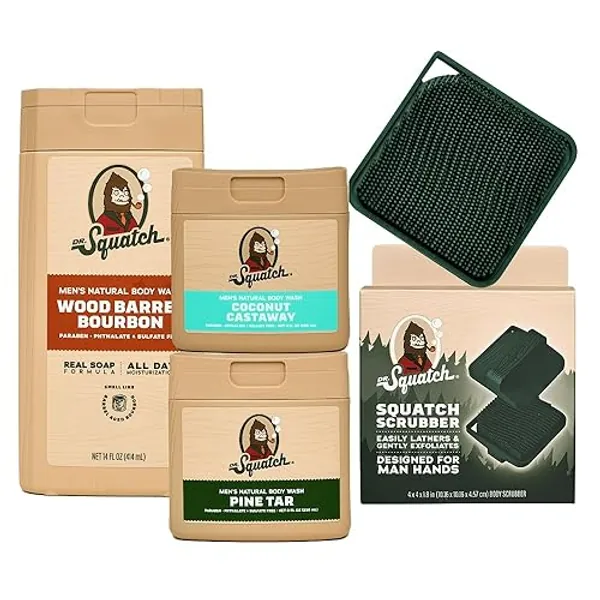 NEW Dr. Squatch Natural Body Wash for Men - Non-Exfoliating - Wood Barrel Bourbon (14 oz) + Coconut Castaway + Pine Tar (8 oz, 2 Pack) + Body Scrubber - Island Infusion