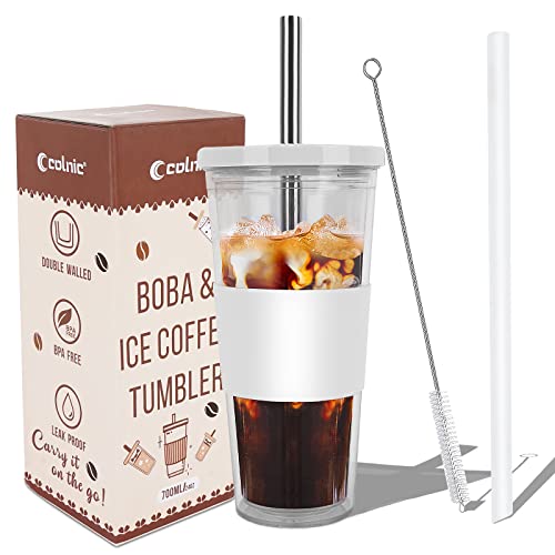 Colnic Reusable Iced Coffee Cup With Lid And Straw, 24Oz/700ml Iced Coffee Tumbler, Boba Cup, Double Wall Clear Tumblers, Bubble Tea Cup, Smoothie Cup, Leakproof Plastic Coffee Cups With 2 Straws - Clear