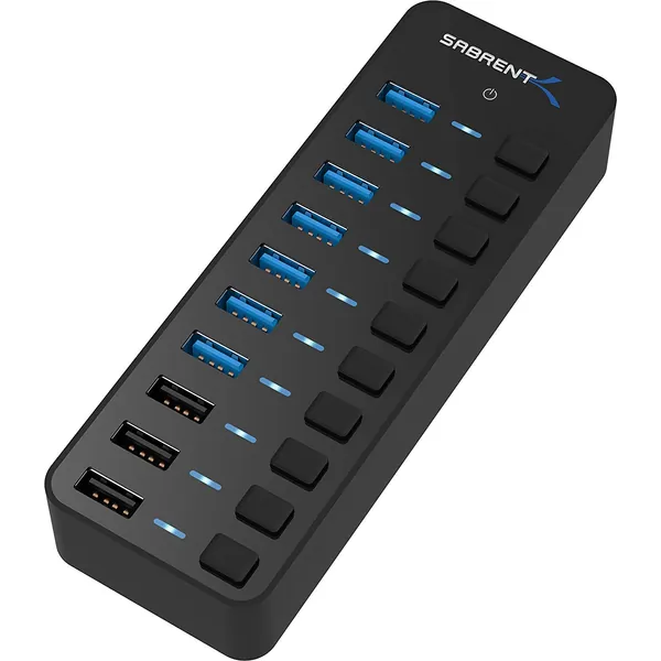SABRENT 60W 10-Port USB 3.0 Hub Includes 3 Smart Charging Ports with Individual Power Switches and LEDs and 60W 12V/5A Power Adapter (HB-B7C3) - 7 + 3 Charging Ports