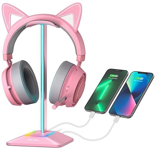 New bee Support Casque, Porte Casque RGB, Support Casque Gamer avec 2 Ports Type-c et USB Casque Stand Transmission de Données Casque Support Universel pour Casque de Gaming PC(Couleur Rose) - Couleur Rose
