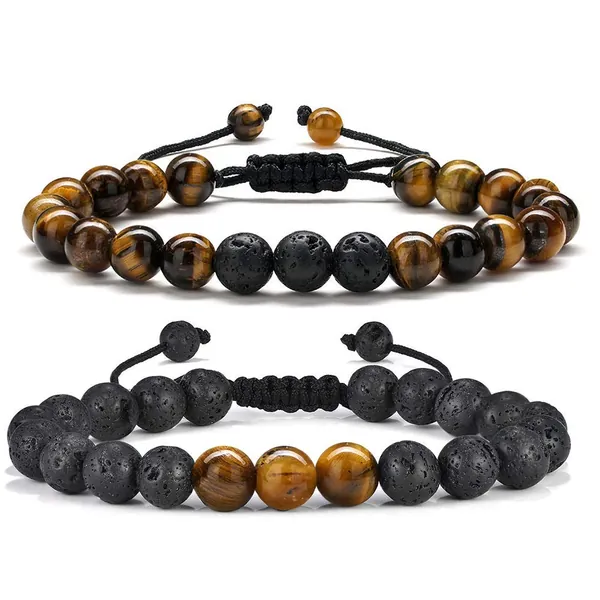 Tiger Eye Mens Bracelet Gifts - 8mm Tiger Eye Lava Rock Stone Mens Anxiety Bracelets, Stress Relief Adjustable Tiger Eye Bracelet Aromatherapy Essential Oil Diffuser Lava Bracelet Gifts for Men - 2 Pcs Black Matte Agate&Lava Rock