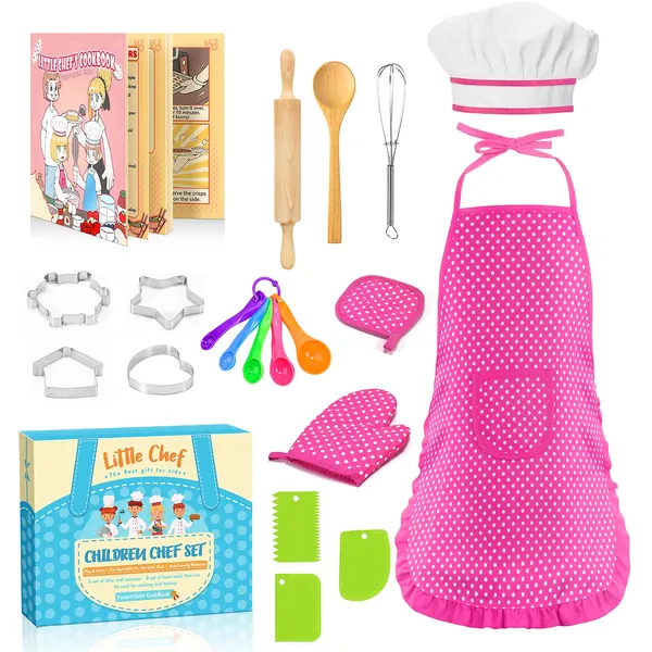 Toyze Gifts for 2-6 Year Old Girls, Kids Apron for Girls Kids Cooking Set, Toddler Apron for Kids Chef Hat and Apron, Toys for 3-5 Year Old Girls 20Pcs Pink- with Cookbook - A-Pink