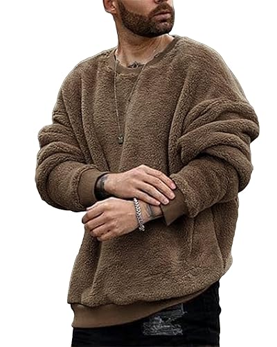 Mens Fuzzy Sherpa Sweatshirt Long Sleeve Fluffy Crew Neck Pullover Cozy Basic Unisex Fall Winter Warm Tops - X-Large - Brown