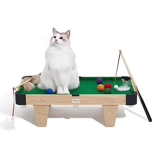 VETRESKA 4-in-1 Mini Pool Table for Cats, 29'' Cat Pool/Billiard Tables Toy with Interactive Cat Wand Toy and Sisal Rope Cat Scratcher Post, Puzzle Cat Tree Activity Tower to Play Balls Chase Exercise - Cat billiard