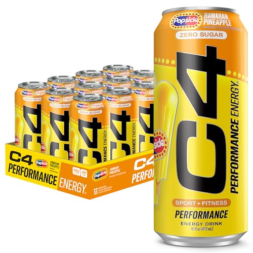 C4 Energy Drink x Hawaiian Pineapple Popsicle, Carbonated Sugar Free Pre Workout Performance Drink with no Artificial Colors or Dyes, 16 Oz, Pack of 12 - Hawaiian Pineapple POPSICLE - 16 Fl Oz (Pack of 12)