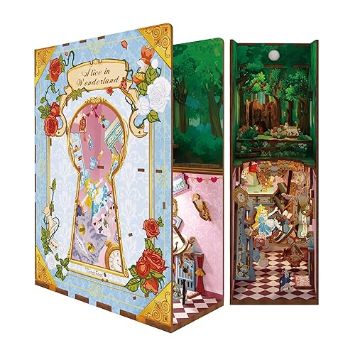 Tonecheer DIY Book Nook Kit for Adults,3D Wooden Puzzle Bookend Bookshelf Insert Library Decor, Booknook Miniature House Kit with Body Motion Sensor LED Light（Alice in Wonderland） - Alice in Wonderland