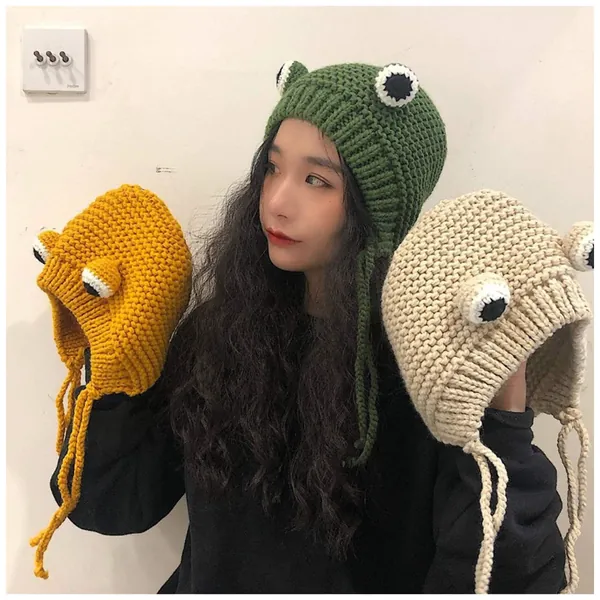 Crochet Knitted Frog Beanie