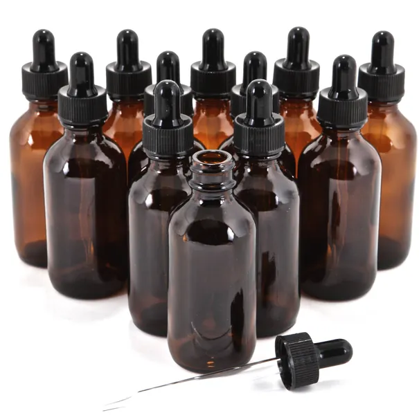 12, Amber, 2 oz Glass Bottles, with Glass Eye Droppers - 