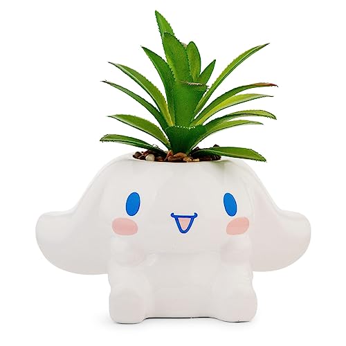 Toynk Sanrio Cinnamoroll 3-Inch Sculpted Ceramic Mini Planter with Artificial Succulent | Cute Flower Pot, Faux Indoor Plants - Cinnamoroll