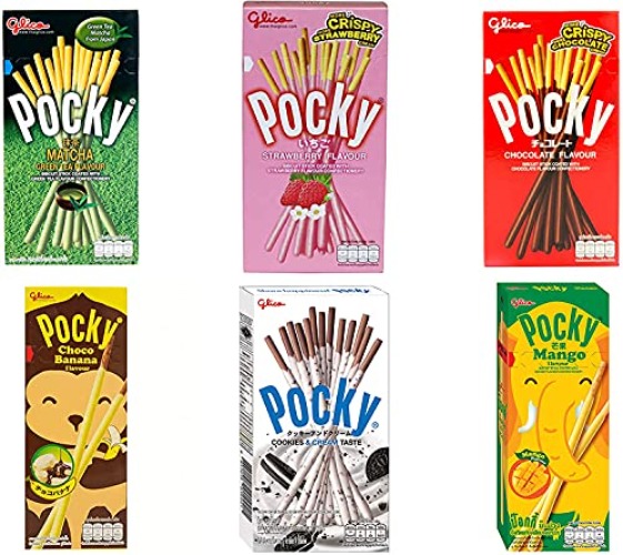 Glico Pocky Variety Set (6 Packs) - Chocolate | Cookie & Cream | Strawberry | Mango | Choco Banana | Matcha Green Tea Biscuit Candy Sticks